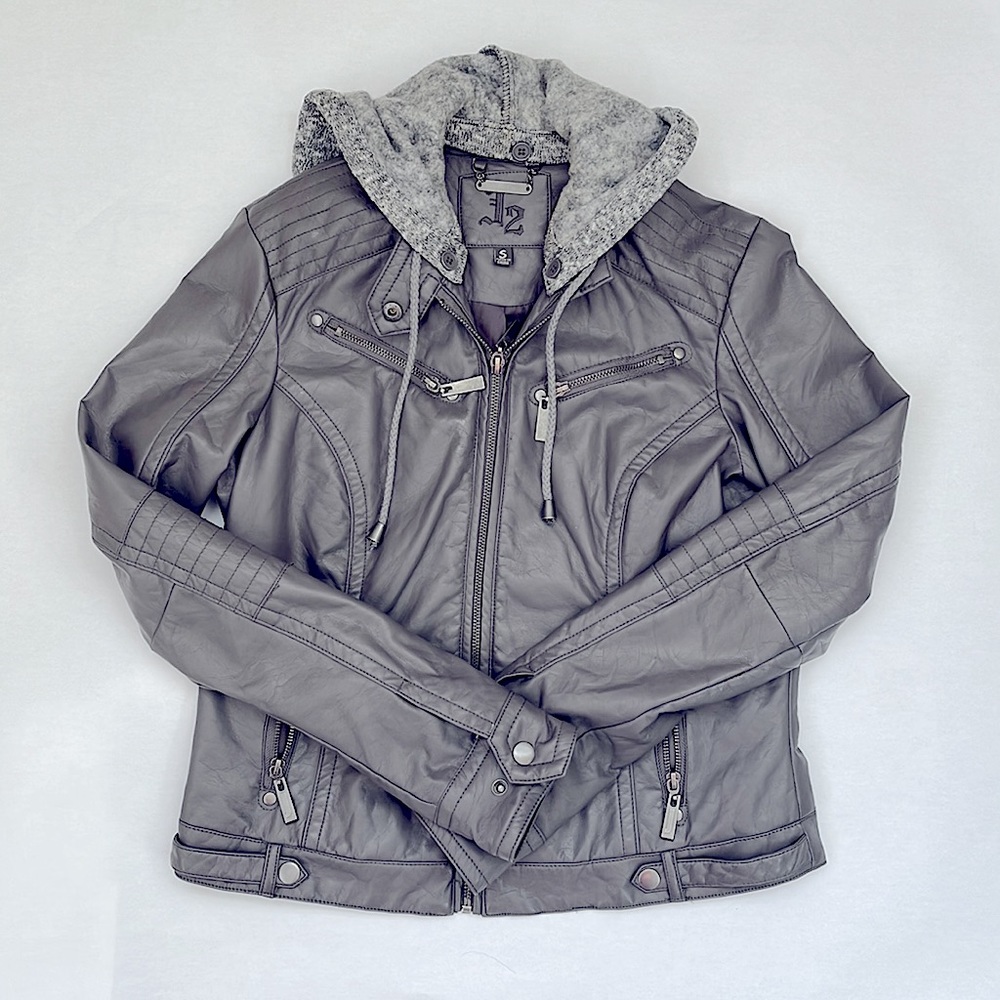 FAUX LEATHER HOODED GREY ZIP UP JACKET